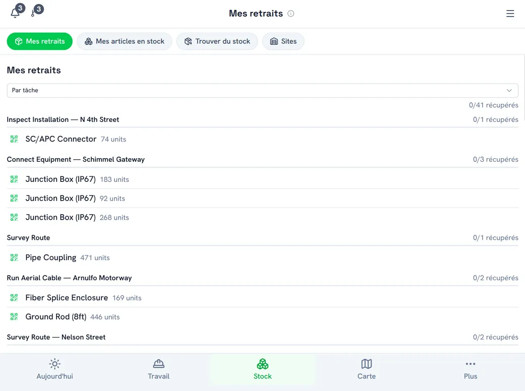 Mes retraits sur mobile — stock à récupérer groupé par tâche, avec les quantités
