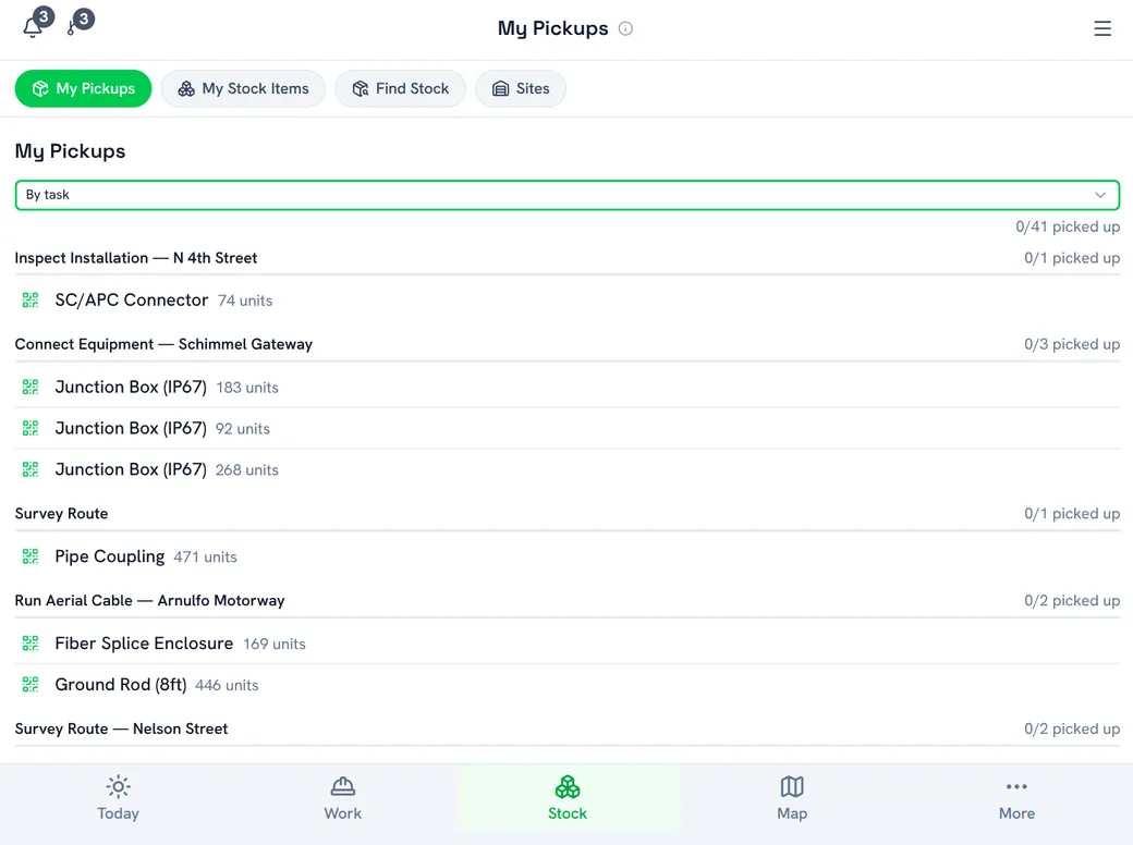 My Pickups on mobile — stock to collect grouped by task, with unit counts