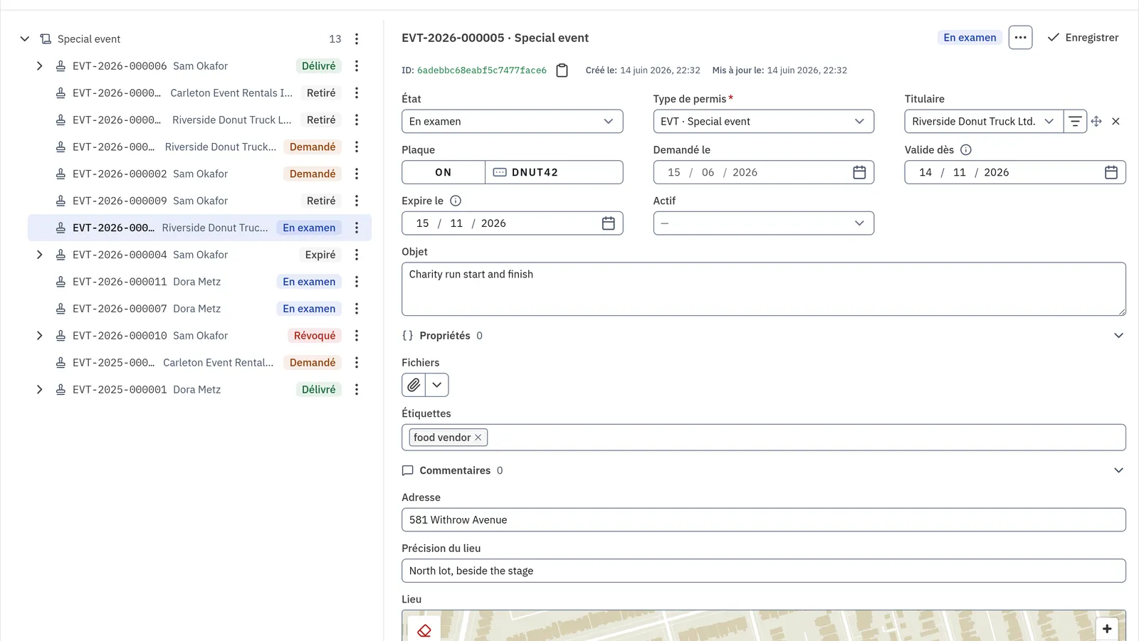 A special event permit under review, with its holder, dates and place