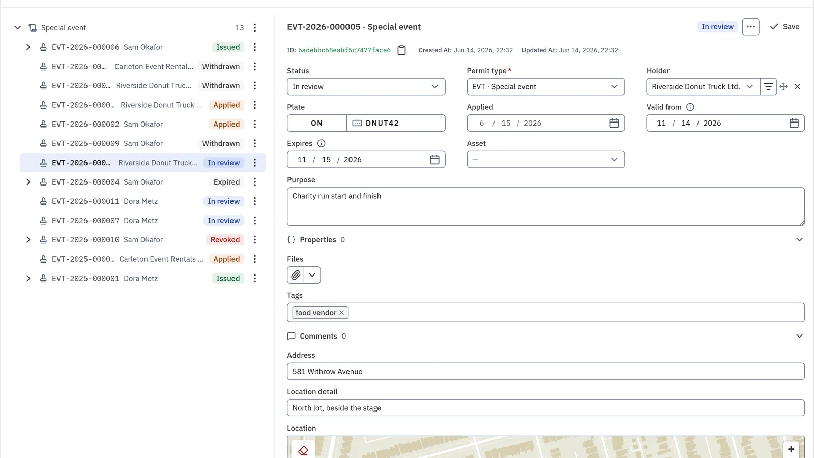 A special event permit under review, with its holder, dates and place