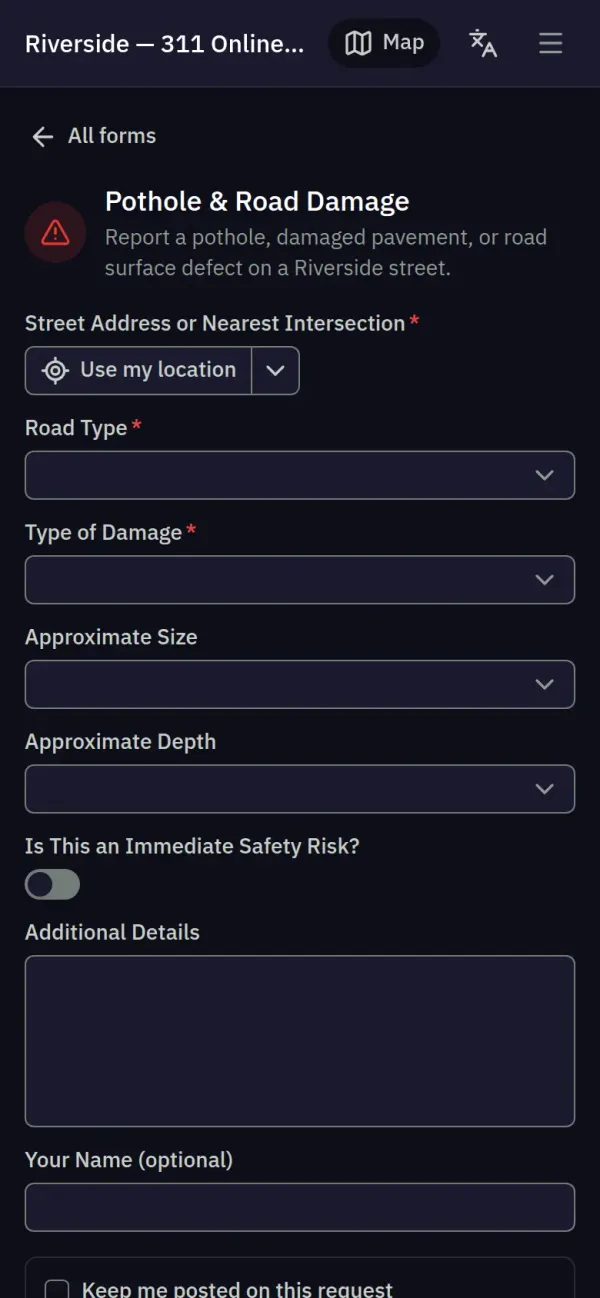 The portal's request types and a request form on a phone