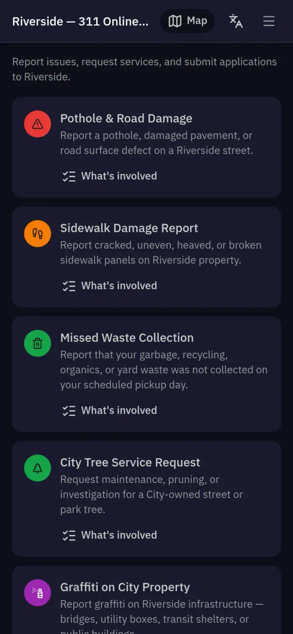 The portal's request types and a request form on a phone