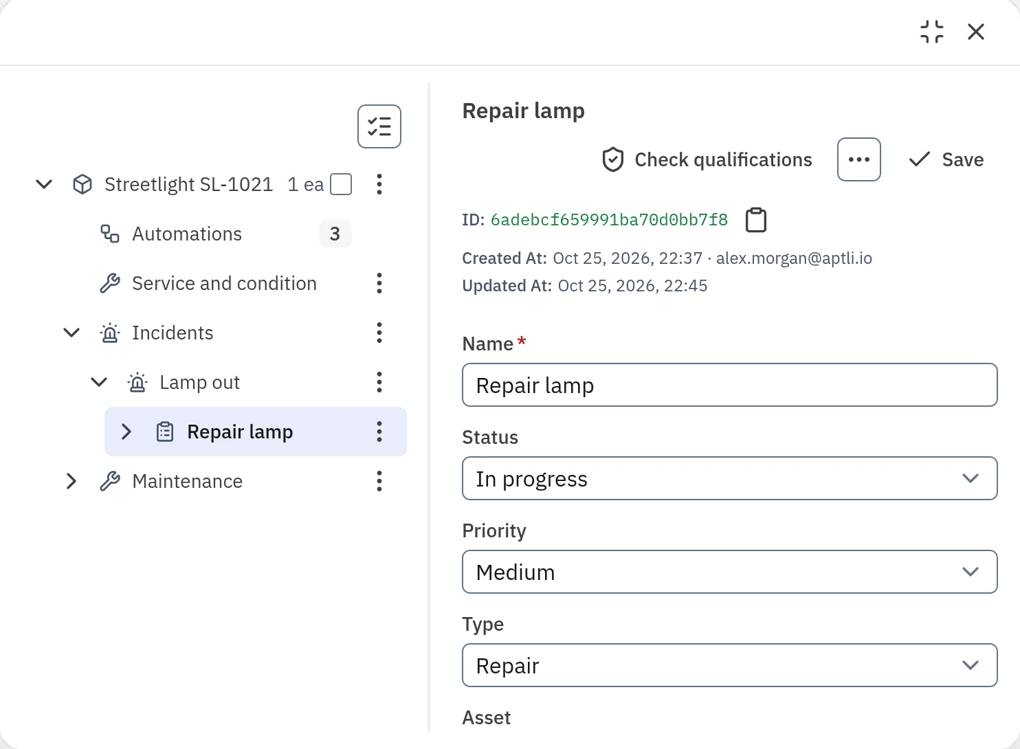 A work order open under its asset