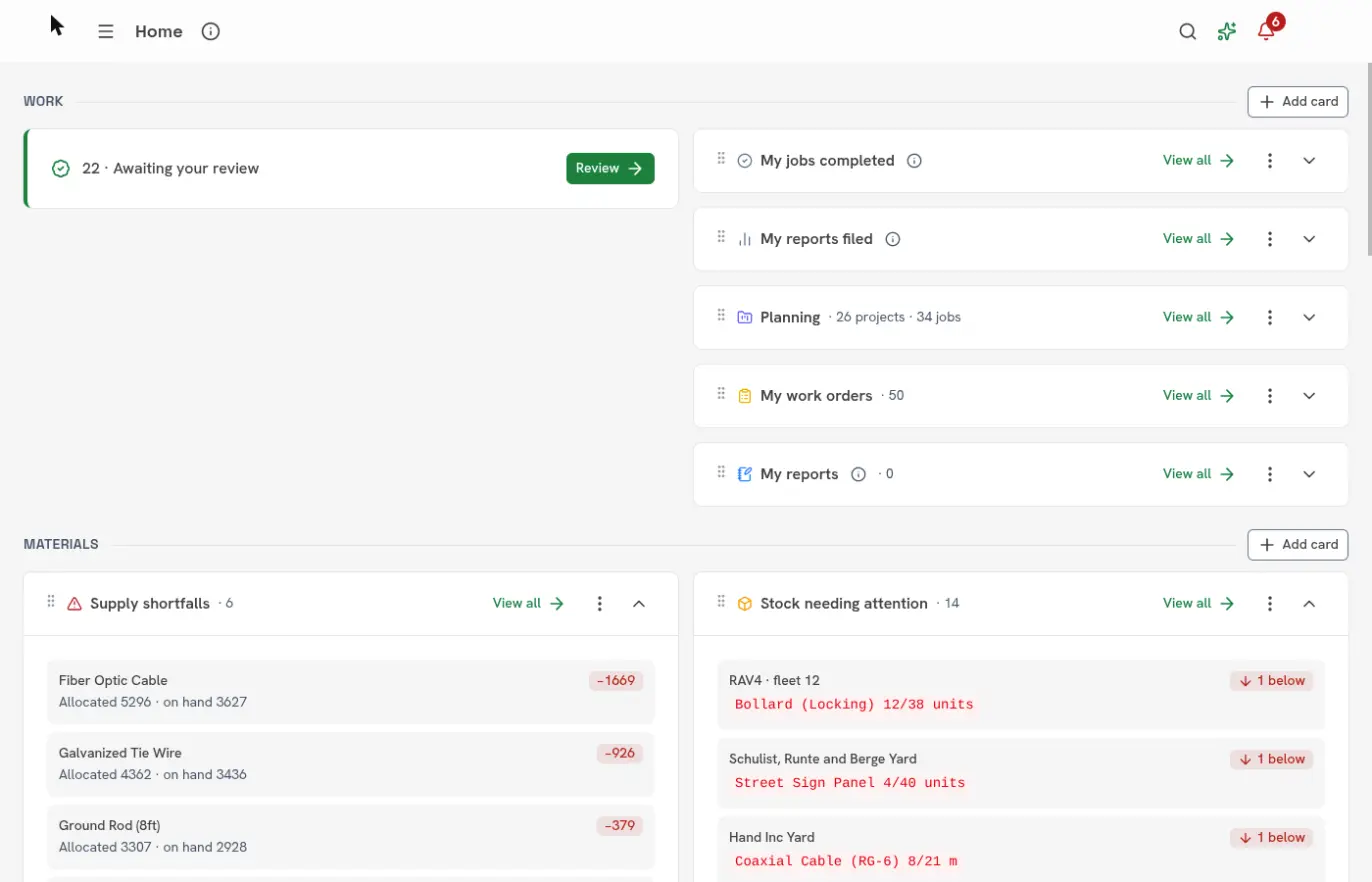 The home page with its cards grouped under Work and Materials