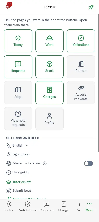 The More page: a tile for every page, then Settings and help