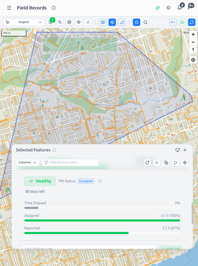 The field-records map with a feature's health and status at a glance