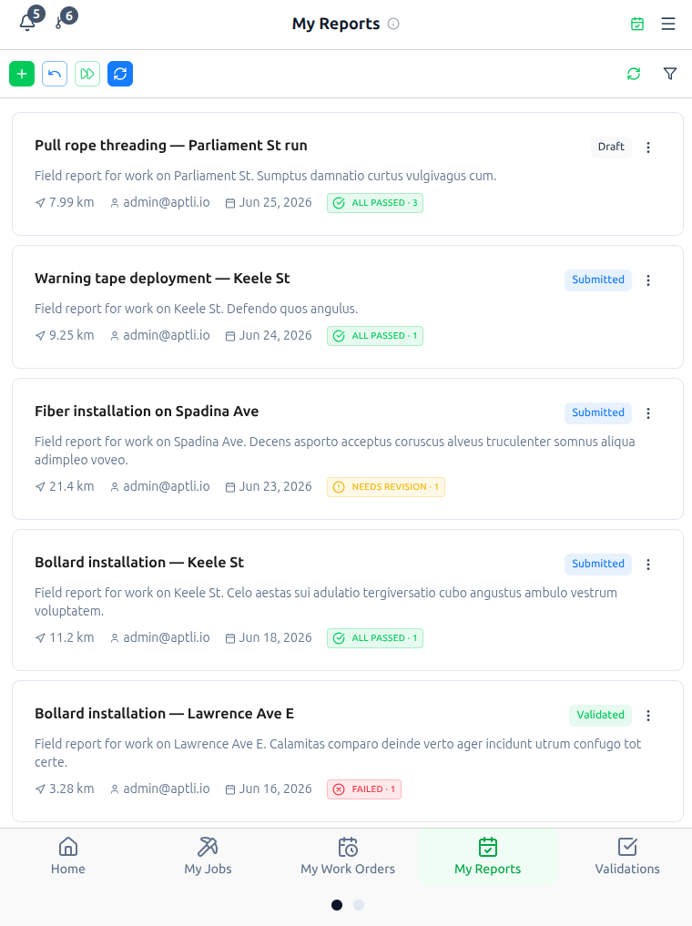 My Reports on tablet — submitted reports with pass, revision and validated status
