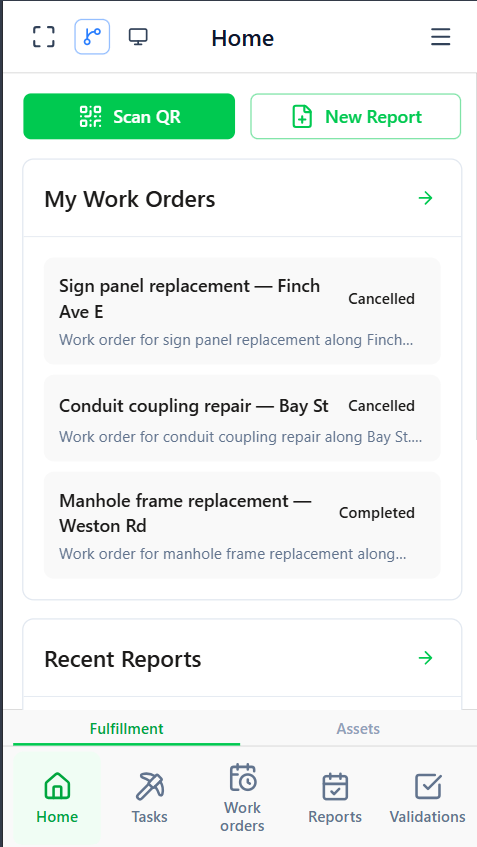 Aptli mobile PWA on a field worker's device showing assignments, map view, and QR pickup scanner